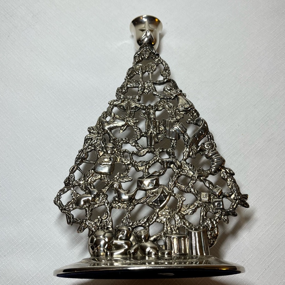 Vintage Silver Plated Christmas Tree Candle Holder Elegance Filigree Xmas